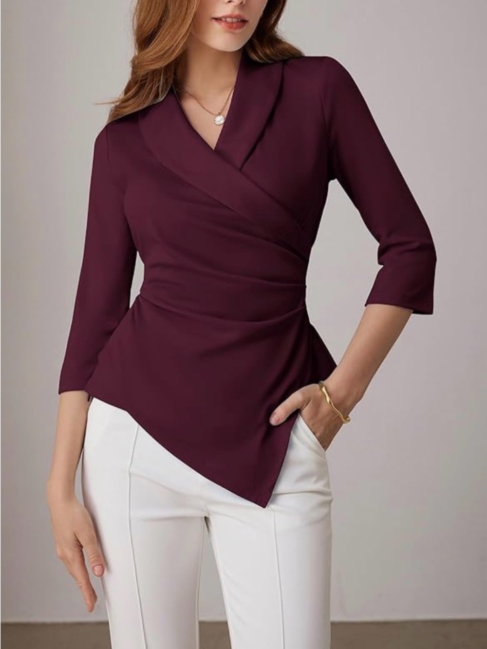 NWT Grace Karin Women's Wrap-Style 3/4 Sleeve Top in Wine Red Sz L large